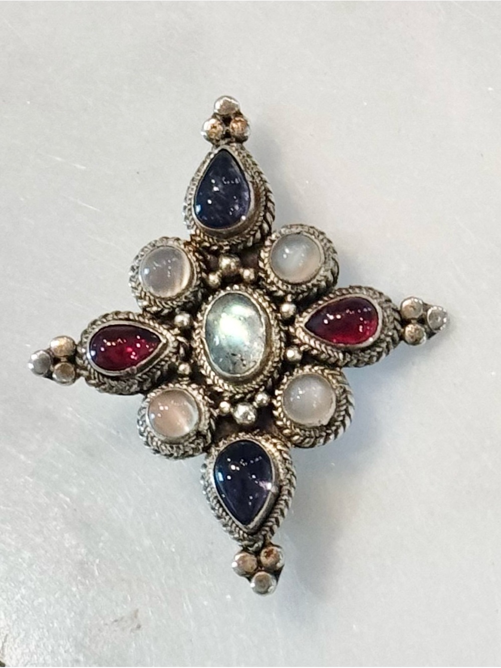 Vintage Rare Sterling Silver Multi-Gemstone Star Pendant/Pin - Red, White & Blue - Picture 3 of 8